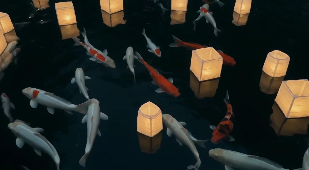 FLUX 3 product hero — finished night scene with koi and paper lanterns