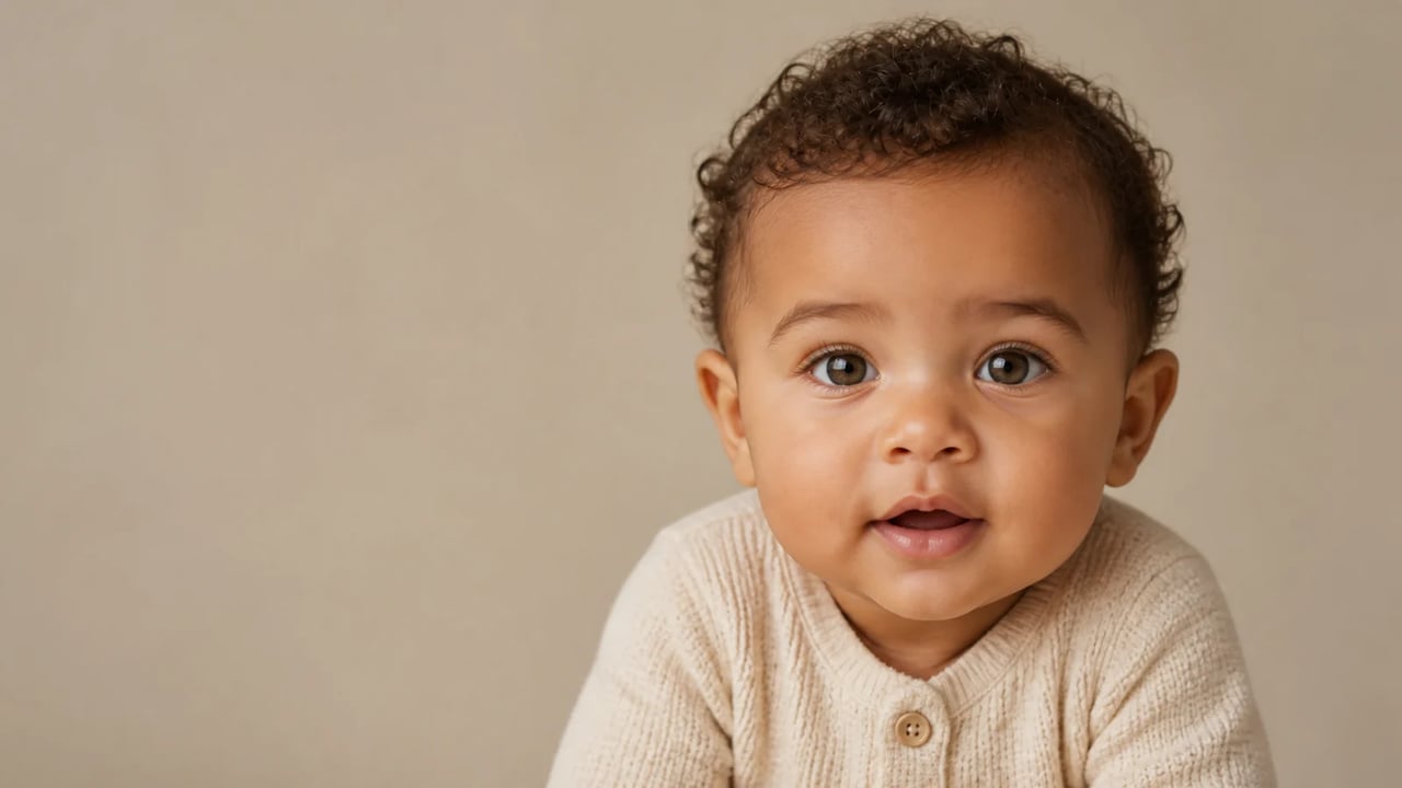 Playful fictional baby portrait made from two sample adult reference photos
