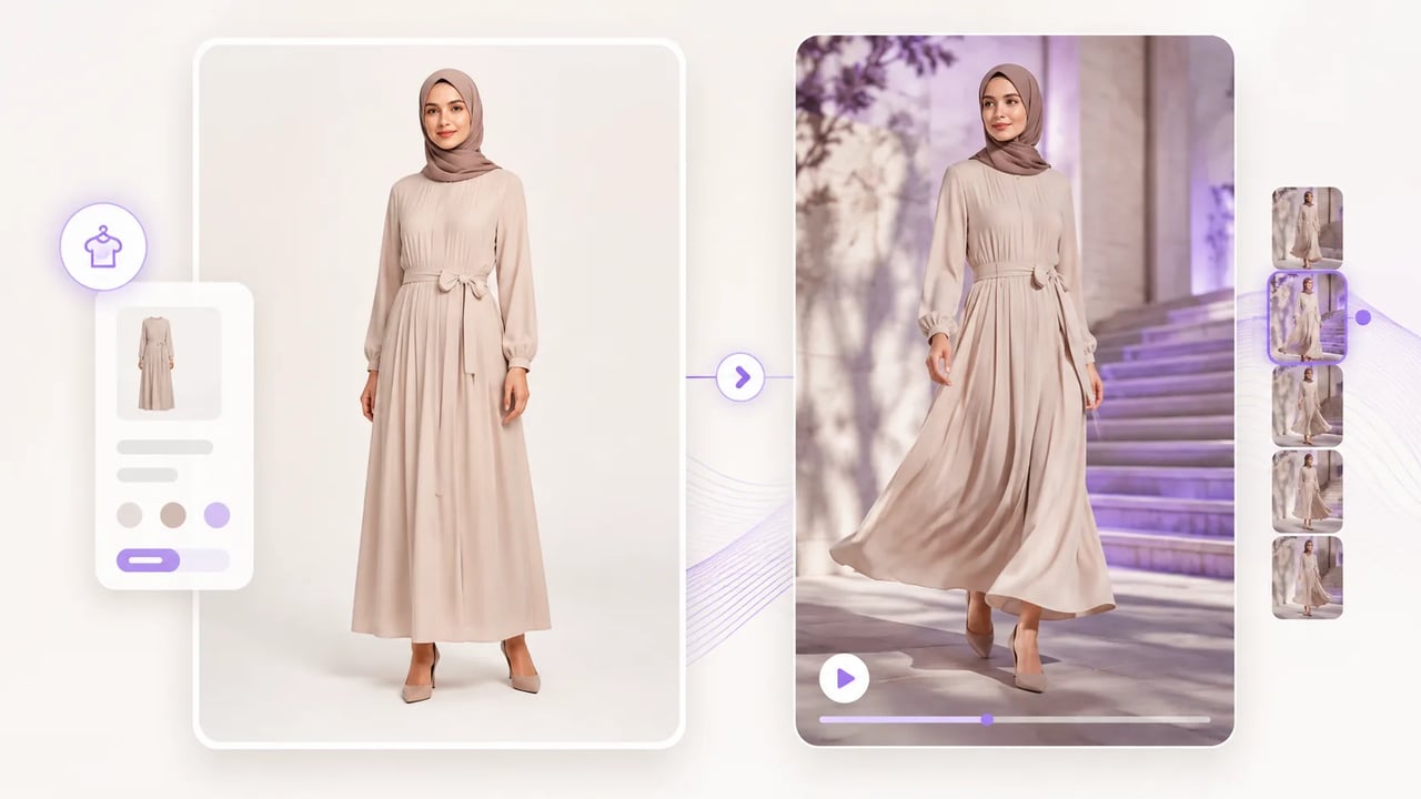 Still de produto de roupa ao lado do mesmo look discreto em um quadro de vídeo fashion curto