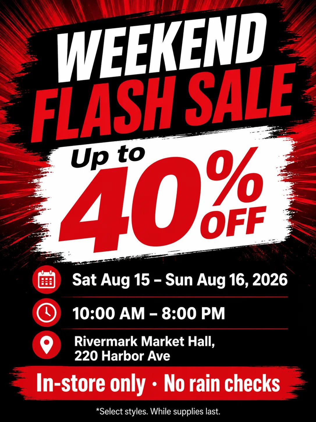 Finished weekend flash sale flyer with readable headline, dates, venue, and CTA