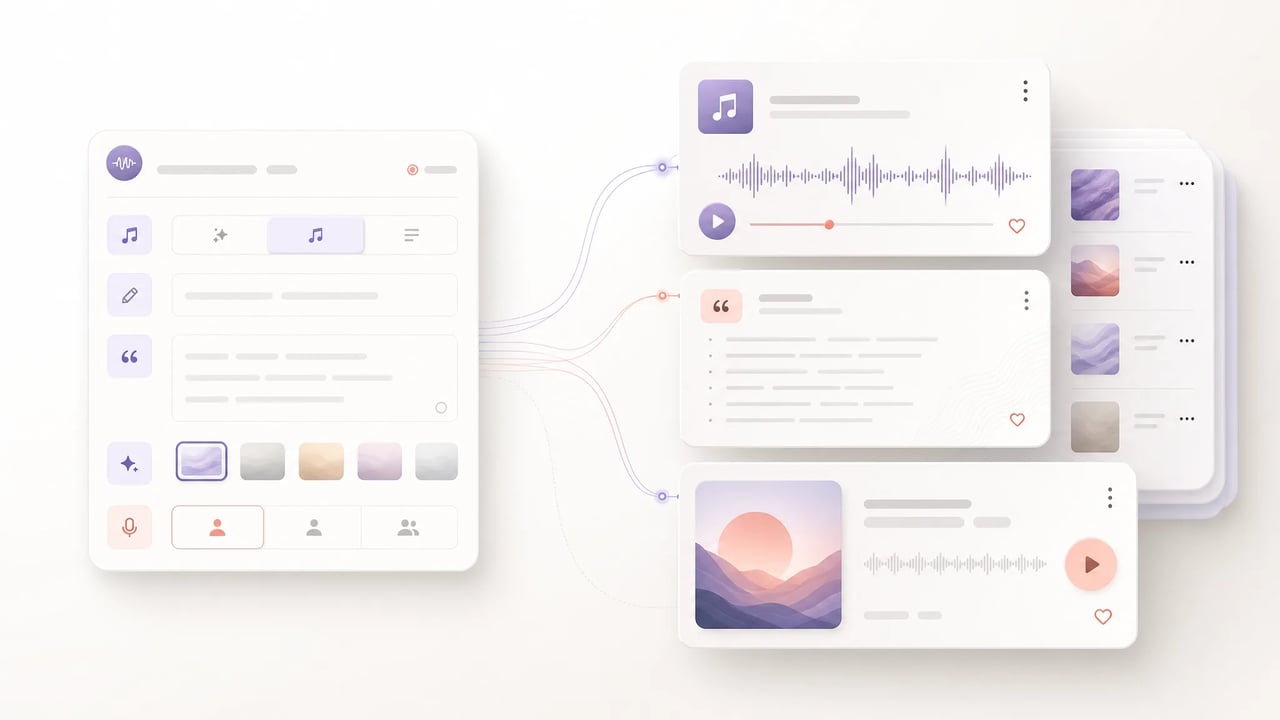SupaImagine AI Music Generator workspace with audio waveform cards and music creation controls