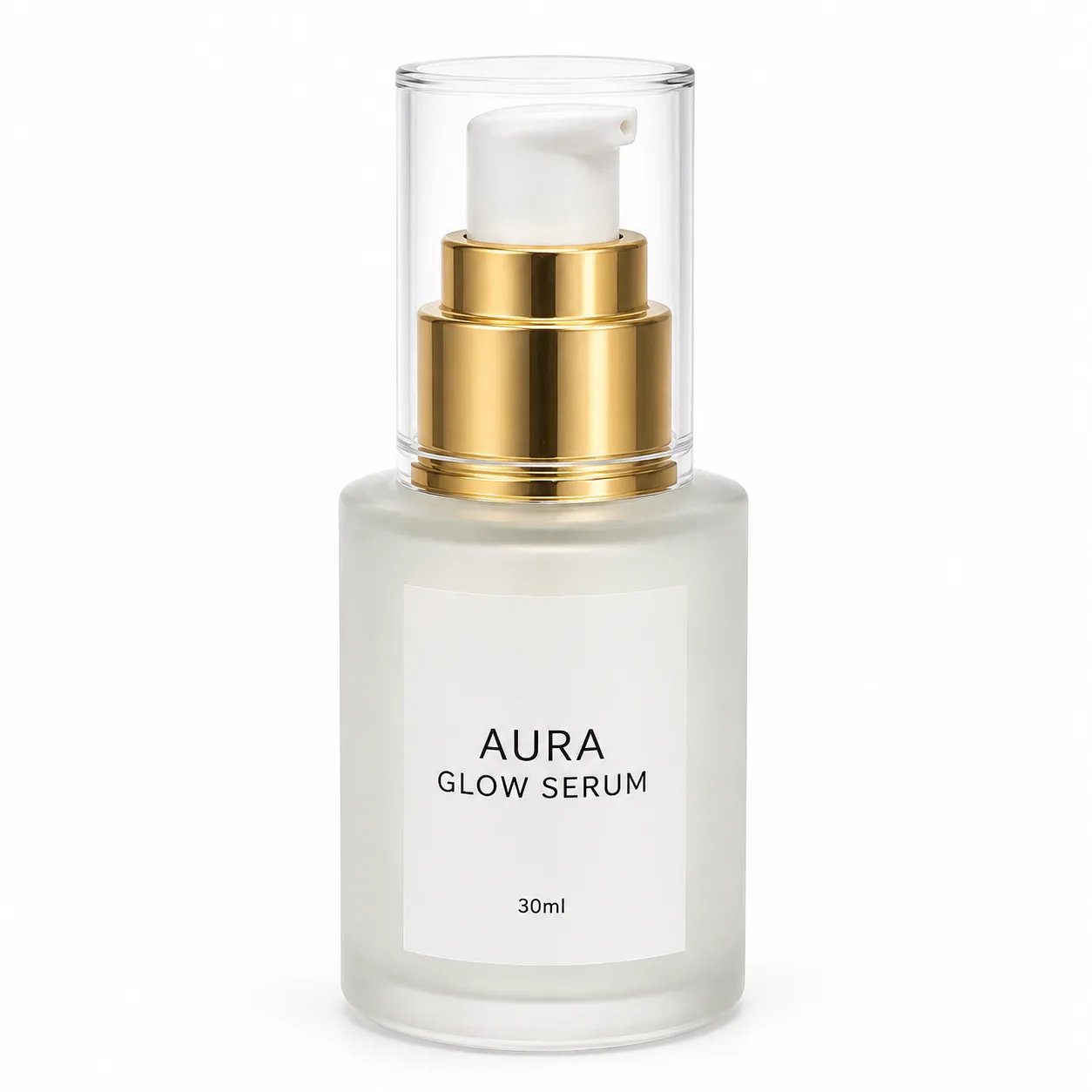 Weißhintergrund-Packshot einer Serumflasche mit AURA GLOW SERUM-Label