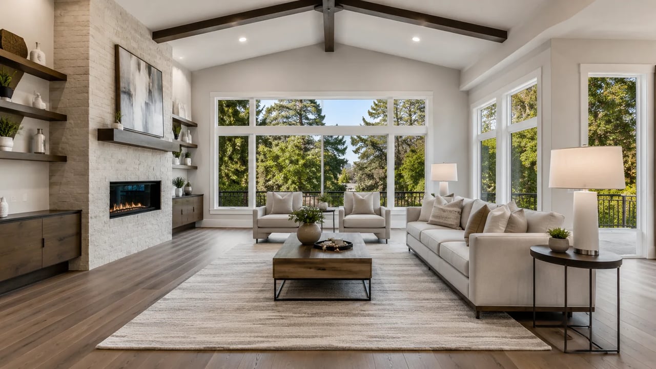 Furnished living room listing still after free virtual staging of an empty room