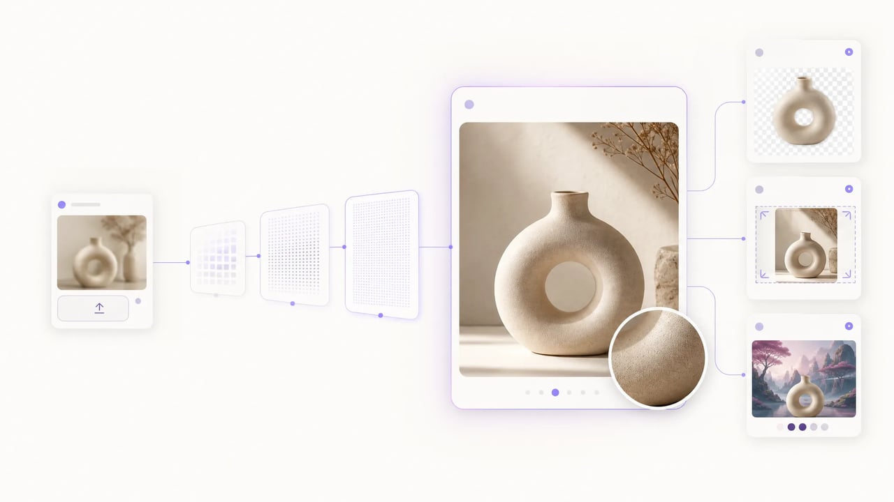 AI image upscaler workflow from a small source image to a larger sharp result and connected editing tools