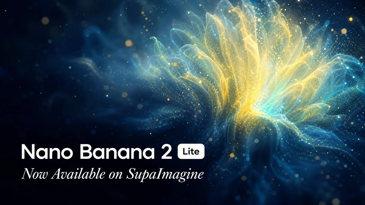 Nano Banana 2 Lite 发布感横幅，Lite 徽章位于发光粒子背景上