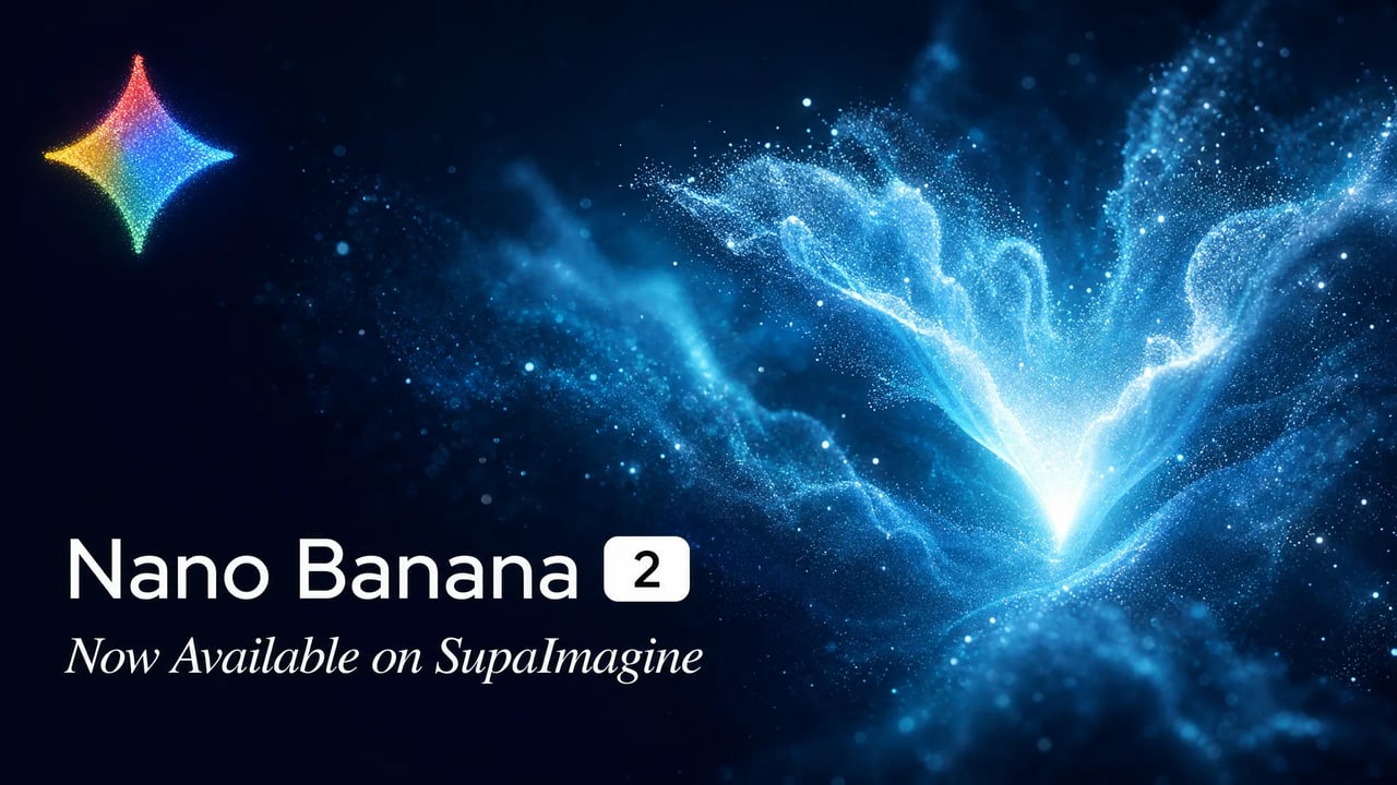 Nano Banana 2 launch banner with the Gemini emblem over a glowing blue particle bloom