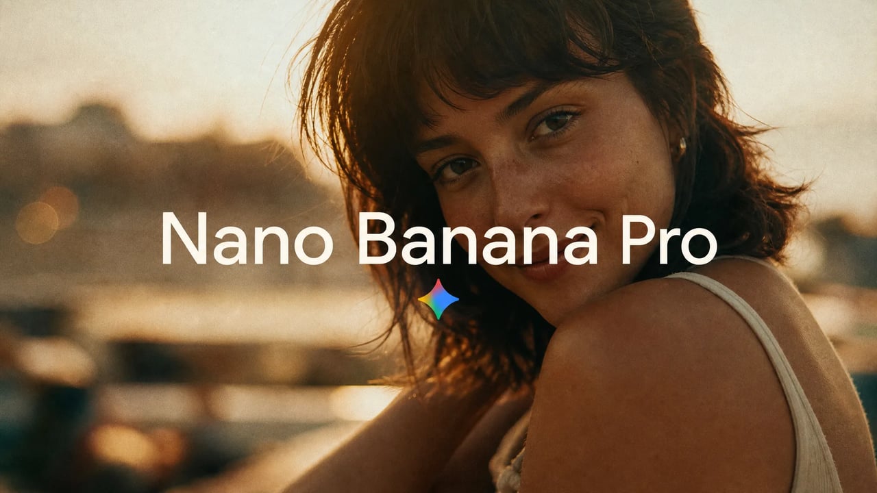 Nano Banana Pro shown as a cinematic film portrait with the Gemini emblem