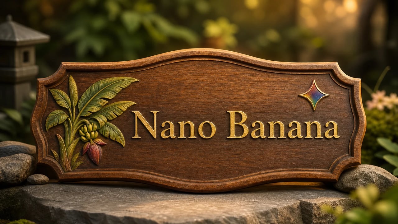 Nano Banana engraved on a carved wooden sign with a banana plant and the Gemini emblem