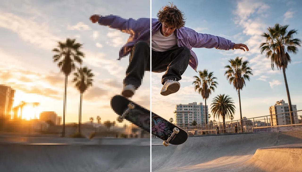Gleicher Skateboard-Videoframe, links verpixelt und rechts scharf