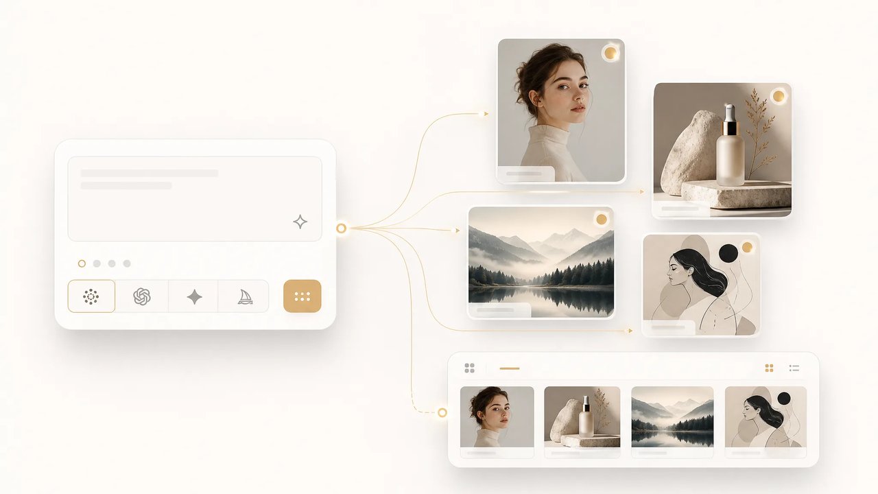 SupaImagine AI 图像生成器工作区——可从所有顶级模型中选择，所有生成结果均保存至库
