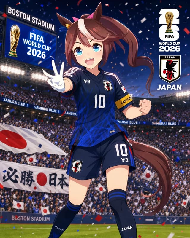 Japanese Uma Musume Tokai Teio come to a stadium to lead Japan team to win a FIF