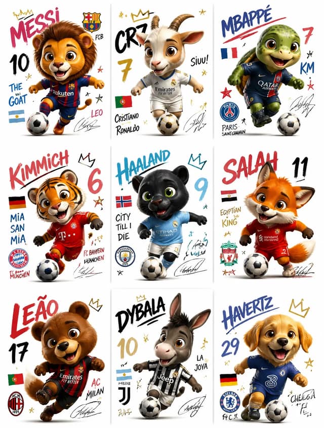 Create a collection of 9 square poster illustrations featurin animals football p
