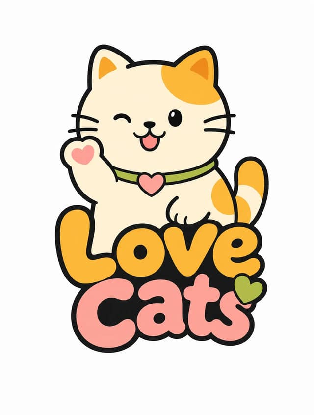 主体角色与图形
一个圆润、极具记忆点的卡通猫咪形象，采用简洁的几何轮廓，表情生动且带有一丝松弛的趣味感。猫咪造型呈现出轻微的手作感与贴纸风格，轮廓采用统一的粗黑