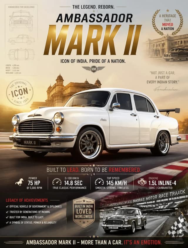 Create image Create an epic premium automotive poster of [Ambassador Mark II].Pl