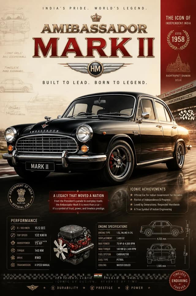Create image Create an epic premium automotive poster of [Ambassador Mark II].Pl