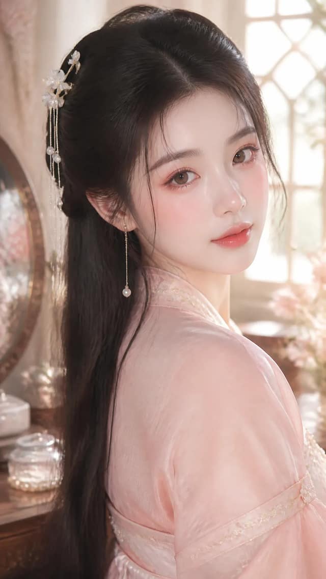 生成一张9:16 竖版高清图片，高精度古风贵女水光美妆特写，东方水光美妆人像，闺阁日常贵女写真，画面主体是一位明确成年的年轻东方女性，视觉年龄约 22–26 岁