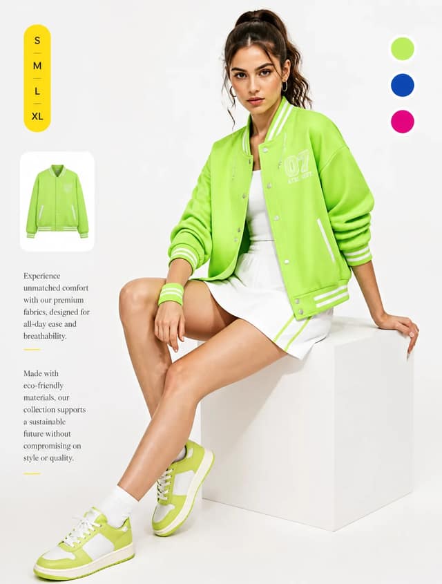 A professional commercial fashion advertisement featuring a young female model i