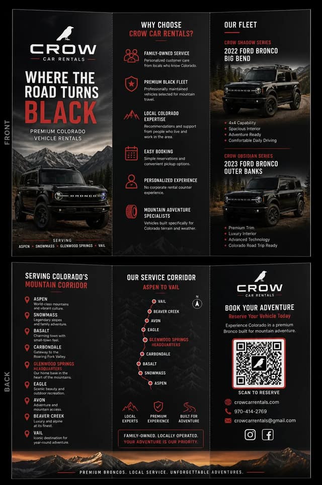 Design a Premium Print-Ready Tri-Fold Brochure for Crow Car RentalsProject Overv