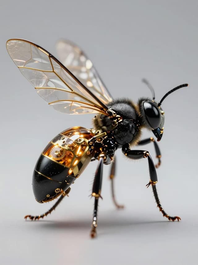 A hyper-detailed mechanical wasp stands in a static pose, constructed from polis