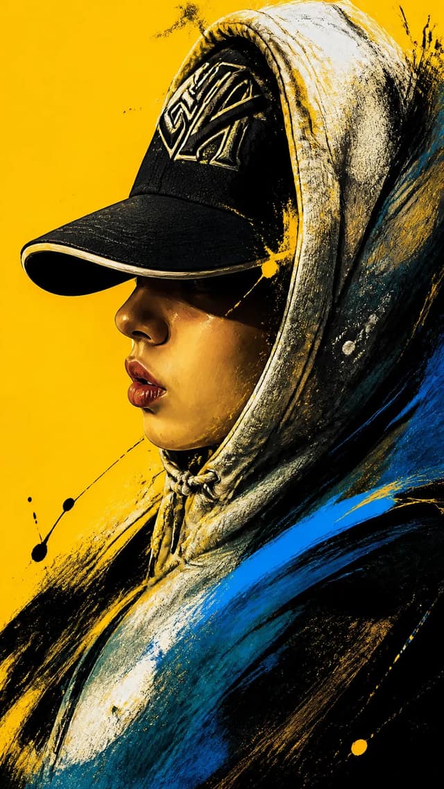 A bold, high contrast digital portrait of[image1] in side profile, facing left. 