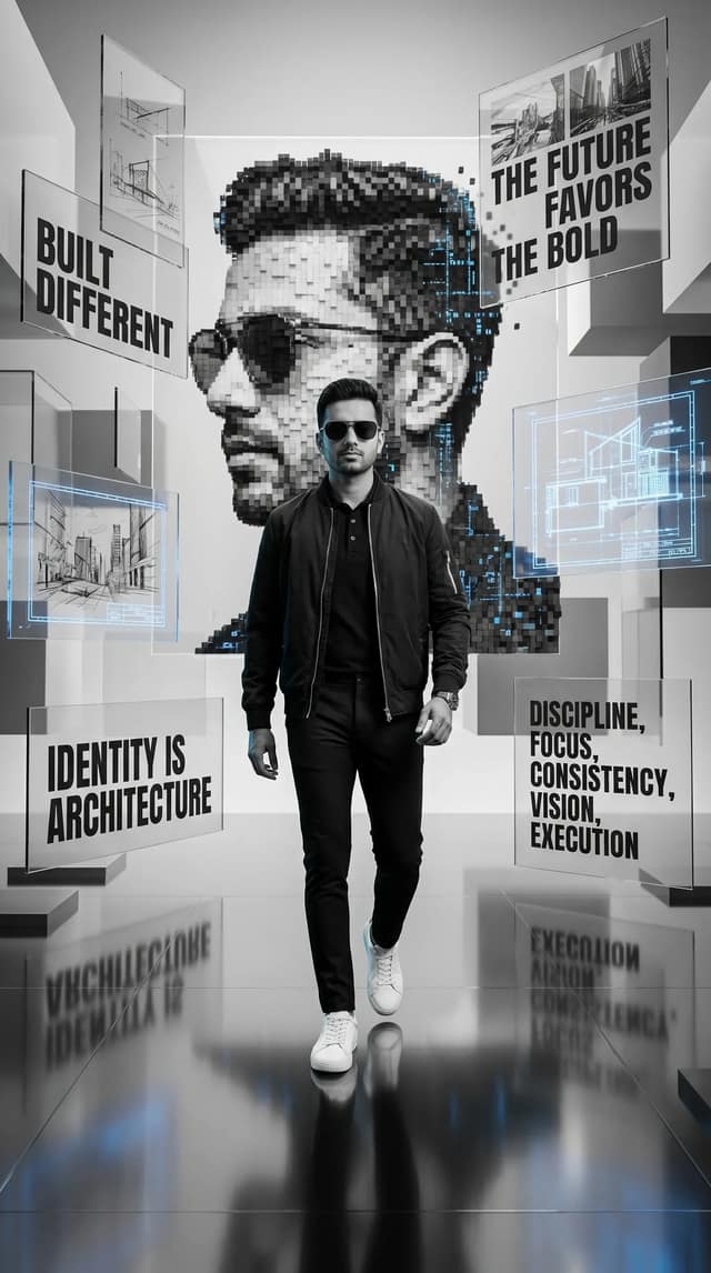 A futuristic monochrome motivational digital artwork featuring a man resembling 