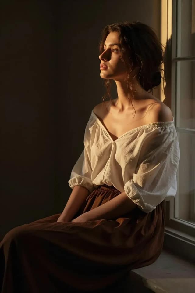 A classic artistic style of portrait a young woman with shoulder-length  dark br