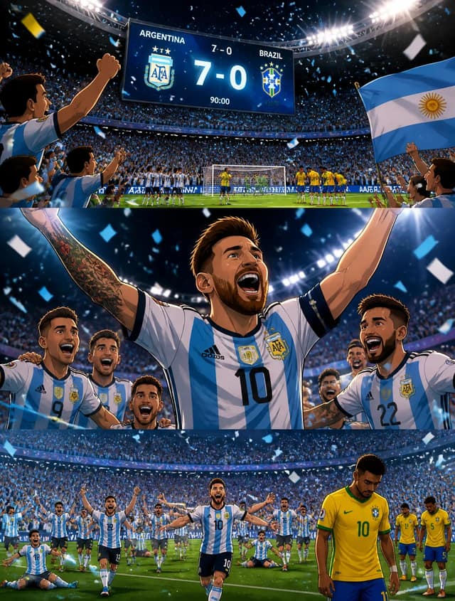 Epic Argentina vs Brazil football match, 2D cartoon cinematic style, massive sta