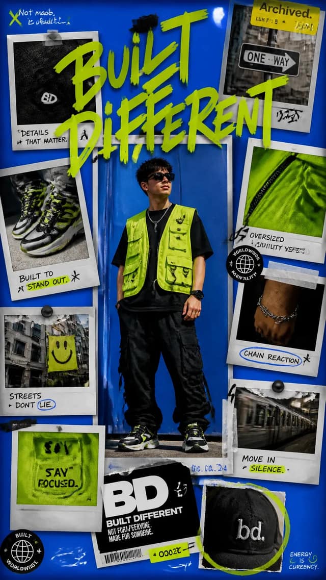 A premium 9:16 streetwear campaign poster.Main Subject:
A confident young male m
