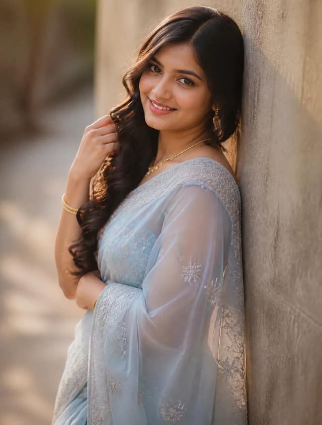 Ultra-realistic young Indian woman wearing a luxurious  powder blue organza sare