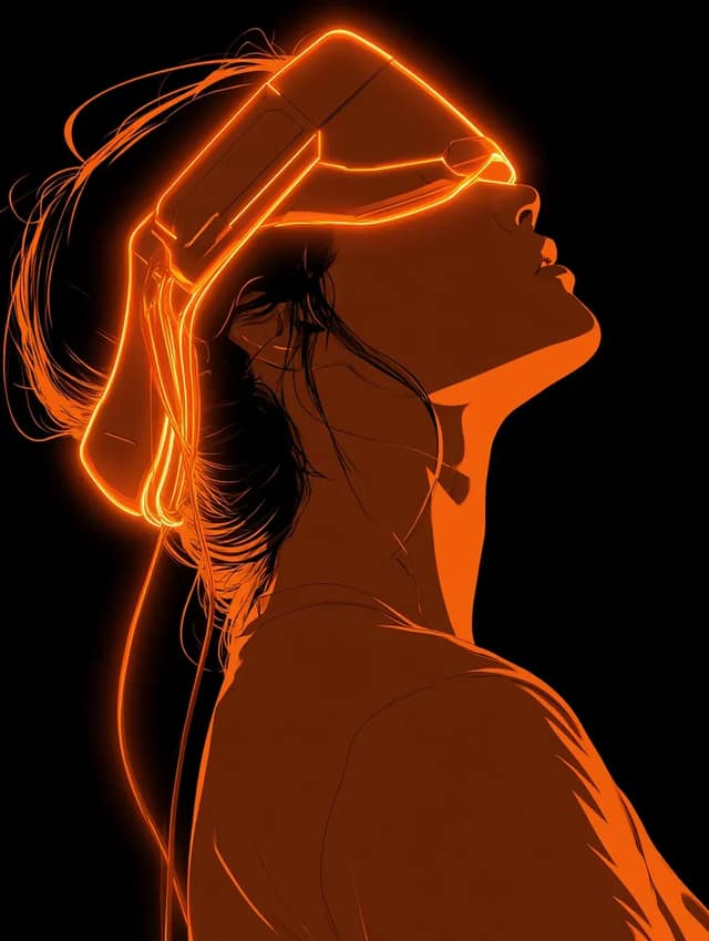 A silhouette of a woman in profile gazes upward, wearing a futuristic VR headset