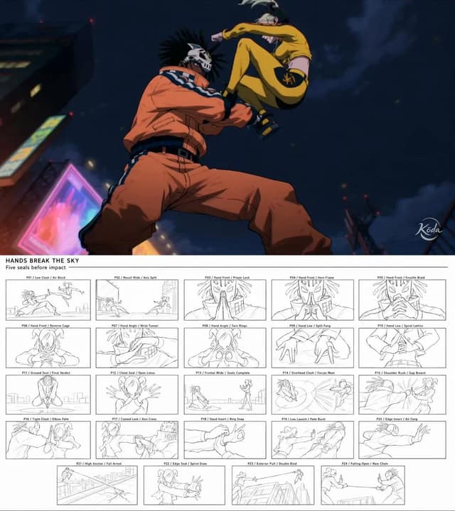 Create a 16:9 clean monochrome 2D storyboard line-sketch sheet for rooftop hand 