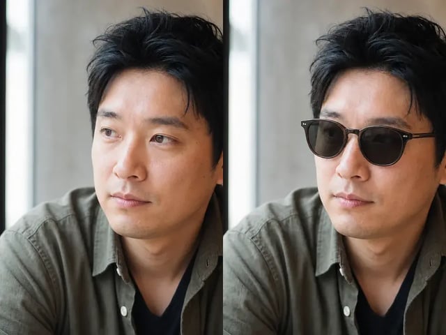 AI sunglasses aligned to the eyes, nose bridge, and head angle of a portrait