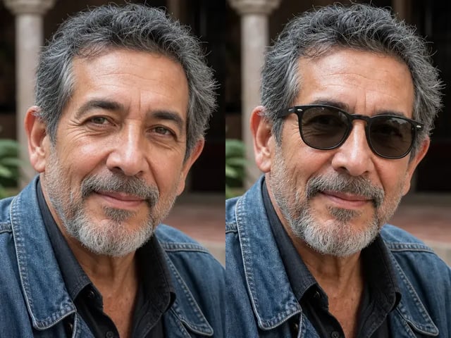 The same face and expression preserved while sunglasses are added