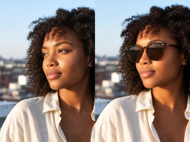 Sunglasses lens tint and reflections blended with the portrait lighting