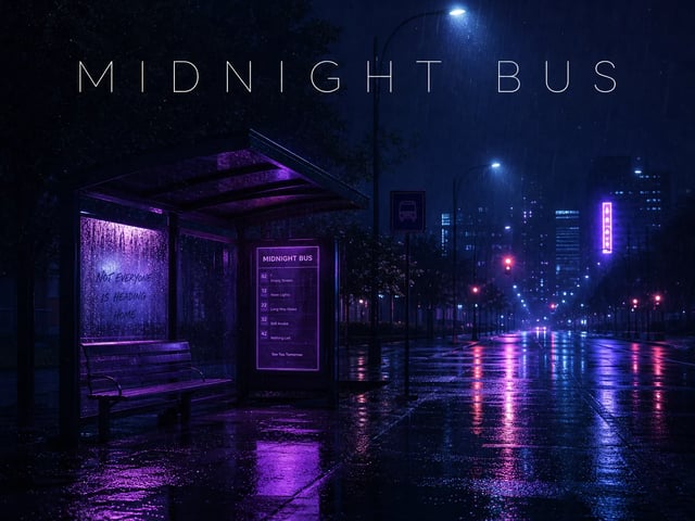 Indie single cover art with neon bus stop and midnight rain mood
