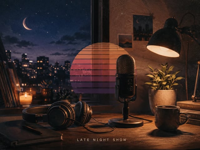 Lo-fi podcast series cover with cozy night desk and headphones