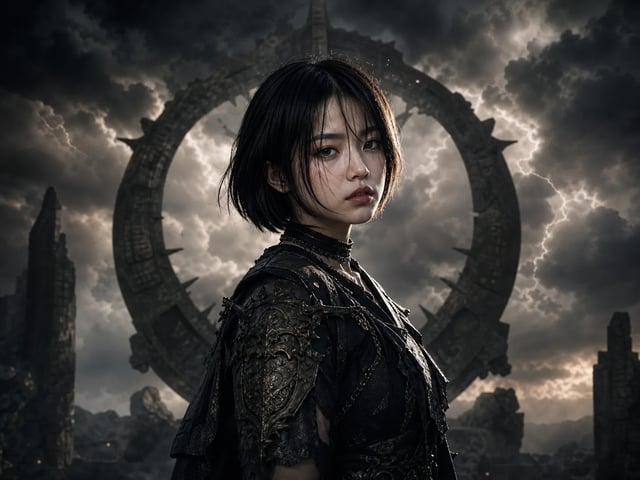 Photo-guided metal-style album cover portrait with dramatic storm atmosphere