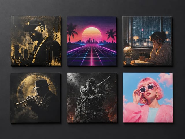 Six distinct square album covers in different genre styles arranged in a grid