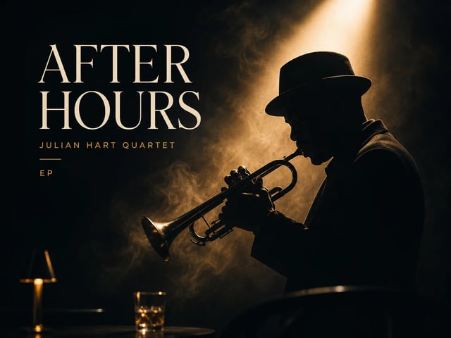 Jazz album cover with readable AFTER HOURS serif title on charcoal and gold art