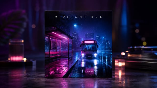 Square synthwave album cover with neon bus stop and MIDNIGHT BUS title, shown as finished streaming art
