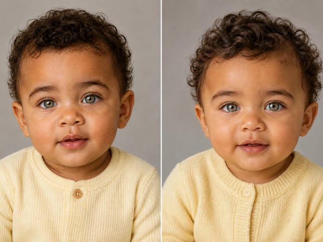 Two different fictional baby portraits from the same sample adult references