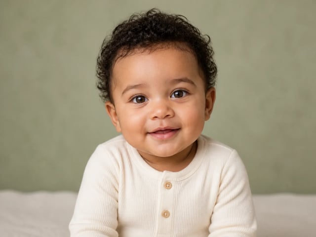 Fully clothed fictional infant portrait with clear baby age cues