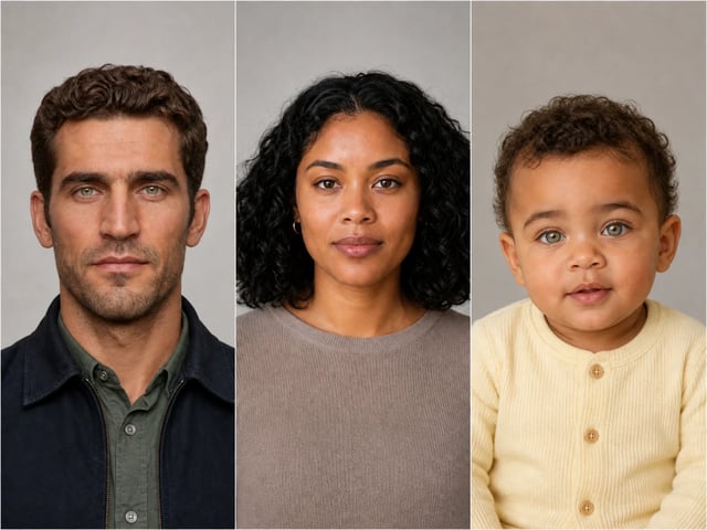 Two sample adult portraits beside one fictional baby result