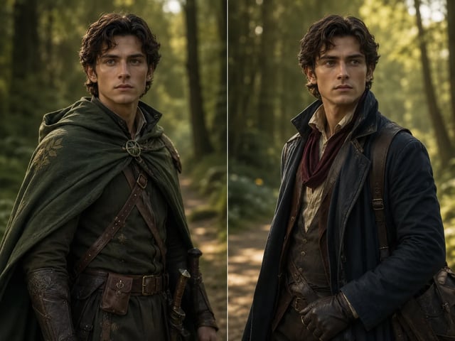 Zwei verwandte Originalfiguren-Stills mit prompt-basierter Outfit-Iteration