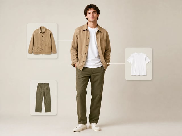 A man dressed head to toe from three garment reference cards — a jacket, a tee, and trousers