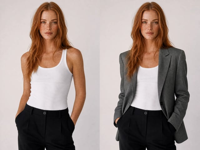 The same woman's face and pose kept identical while a blazer is added, showing identity preserved in the virtual try-on