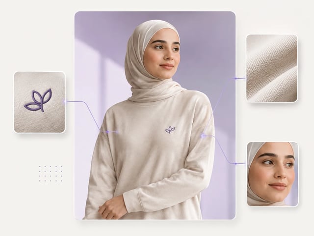 Still fashion com logo legível, textura de tecido e rosto nítido para revisão de publicação