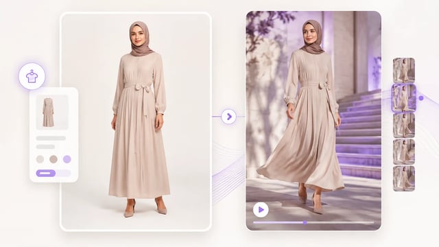 Clothing product still next to the same modest look as a short fashion video frame