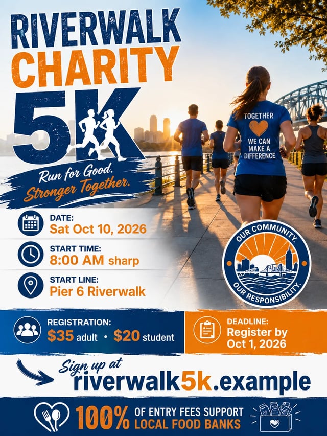 Charity 5K event flyer with registration fees and start time