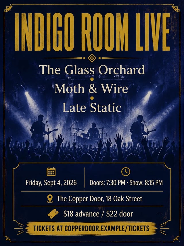 Live music night flyer with band lineup and ticket prices